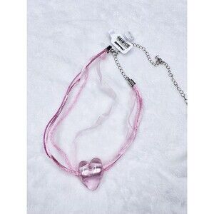 NEW Free People Pink Glass Charming Hearts Coquette Pendant Necklace Ribbon
